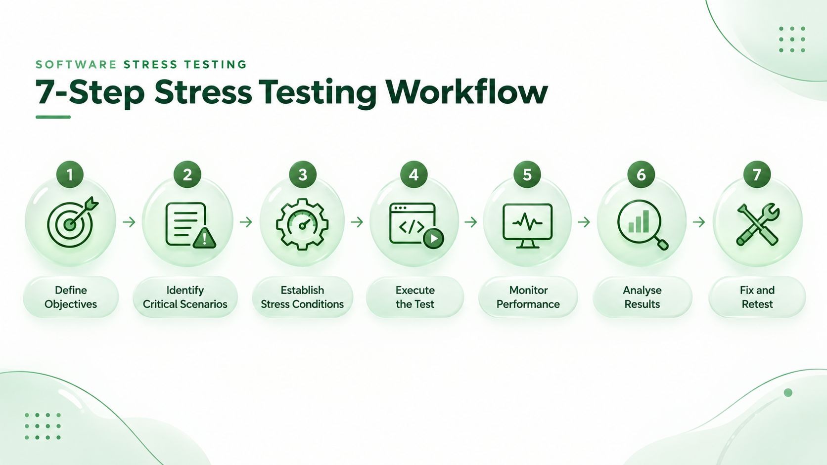 7-step software stress testing workflow illustrating the key stages of testing, from planning and workload design to execution, monitoring, analysis, and optimisation.
