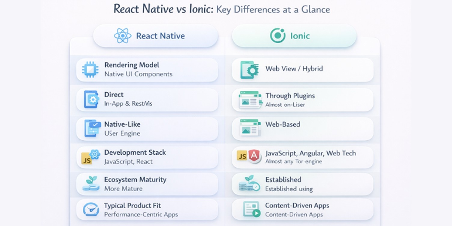 An image that represent React Native vs Ionic Key Differences at a Glance