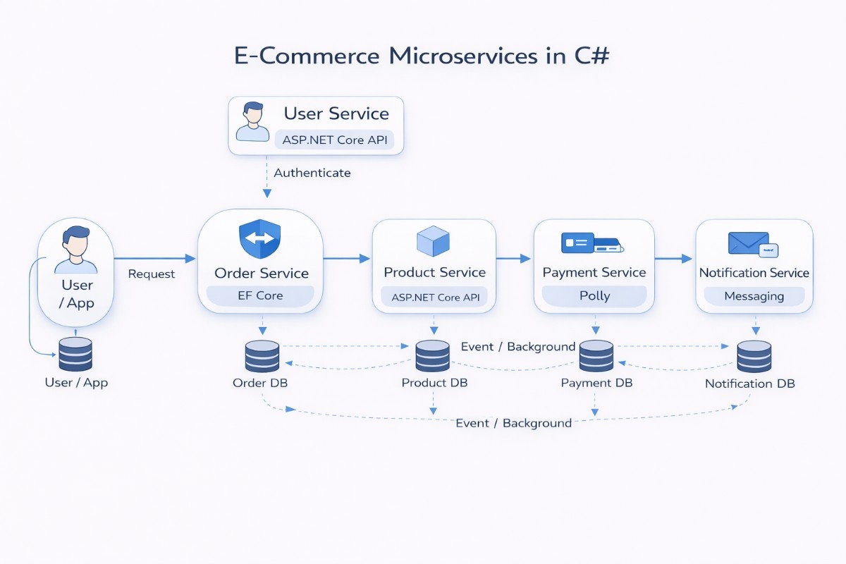 Ann image showcasing an practical example of e-commerce application build using microservices in C#