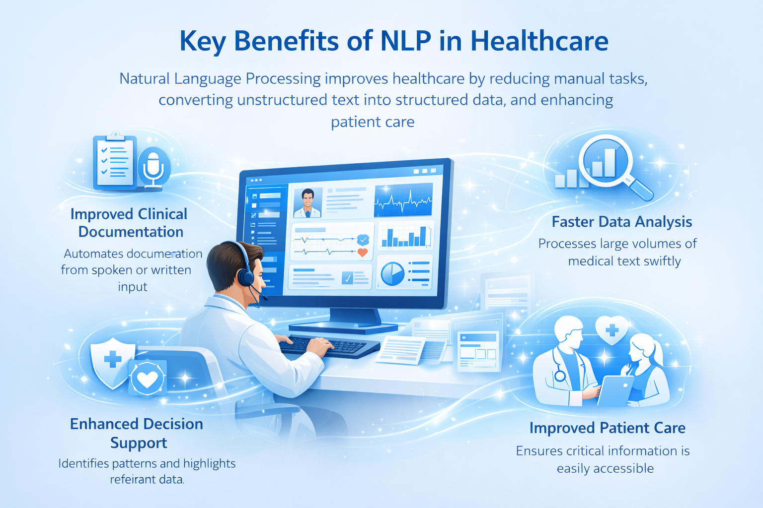 Benefits of NLP in healthcare including automated documentation, faster data analysis, improved decision support, and enhanced patient care.