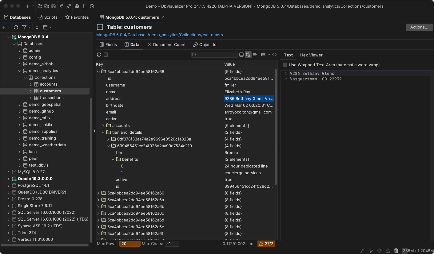 Screenshot showing MongoDB demo