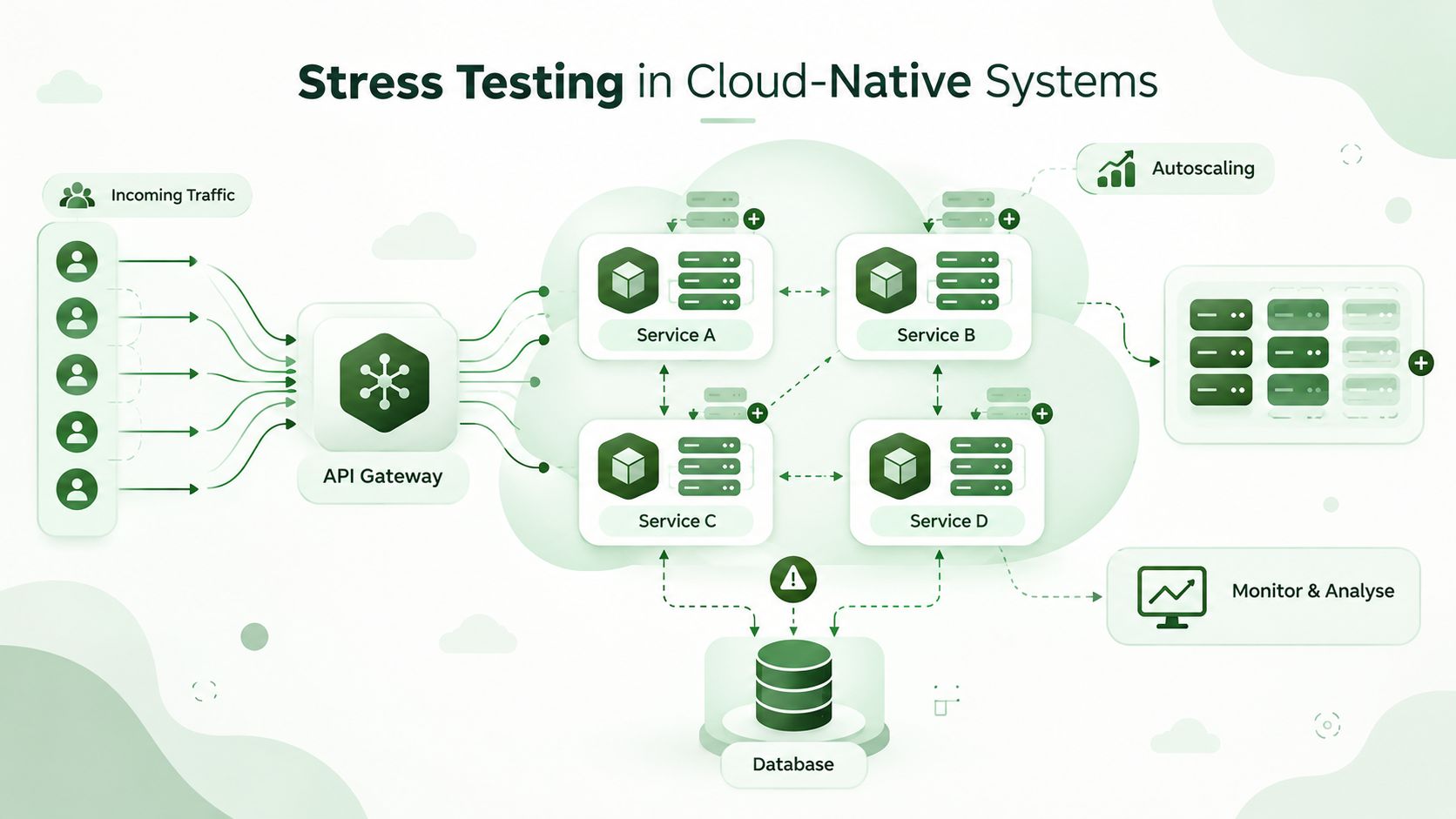 Cloud-native stress testing architecture showing microservices, API gateway, load balancers, databases, and traffic monitoring under heavy workloads.