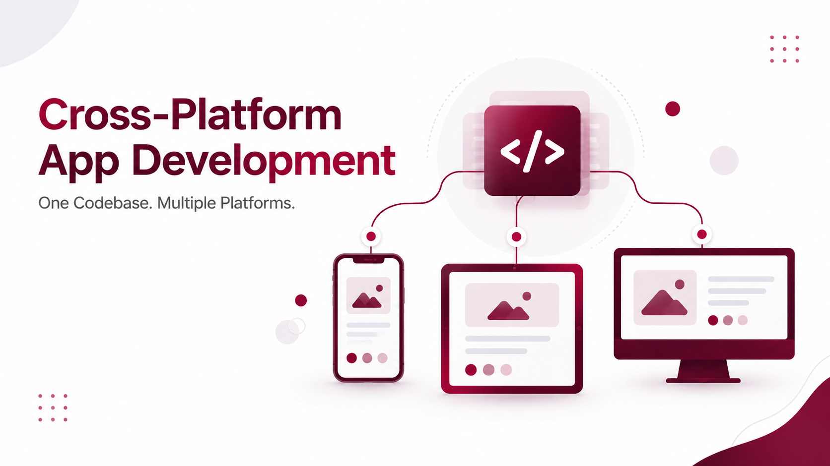 Cross-platform app development illustration showing a shared codebase connecting smartphones, tablets, and desktop devices.