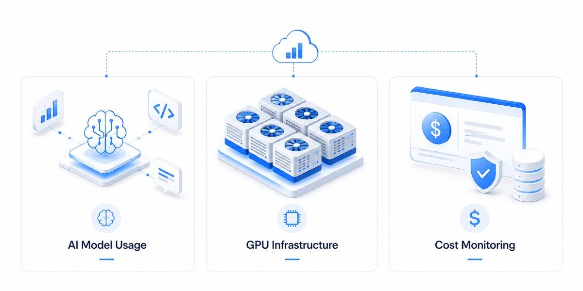 Visual representing FinOps for AI with cloud engineers, GPU infrastructure, AI workloads, and cost governance.