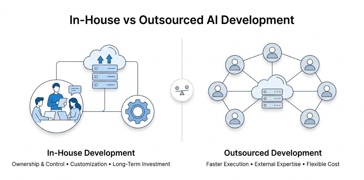 an image showing on how to decide between building AI in-house or outsource